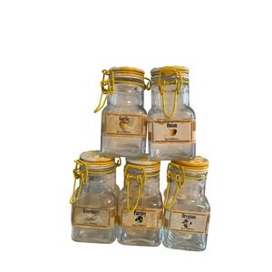 Vintage Spice Collection Glass Jars Set of 5 Yellow Bale Wire Lids Farmhouse